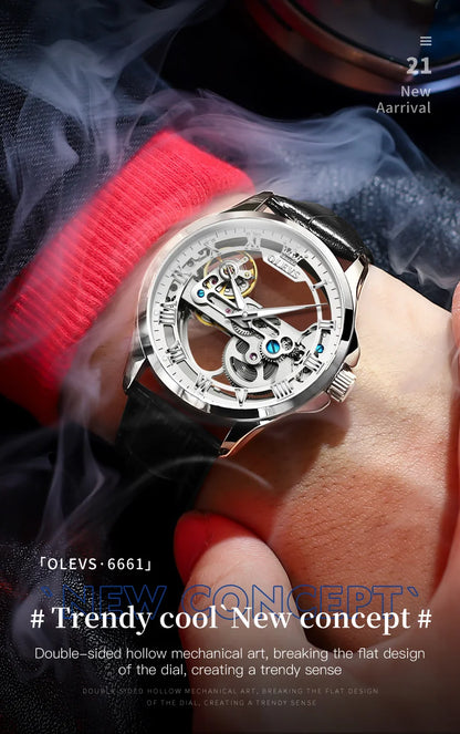 OLEVS Skeleton Automatic Mechanical Watch Men Leather Strap Luminous Waterproof Luxury Business Wristwatch For Man 6661