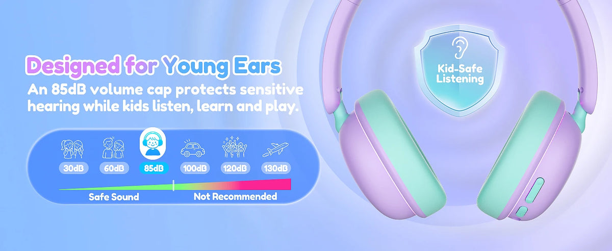Casque Bluetooth 6.0 pour enfants Acer OHR727 avec lumières LED, conception confortable circumaurale, volume sécurisé de 85 dB, autonomie de 110 heures, microphone intégré