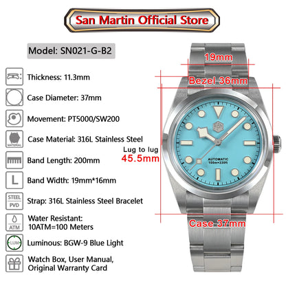 San Martin Men Luxury Watch 36mm BB36 Snowflake Hands Explore Series Sports Watches PT5000 Automatic Mechanical 10Bar BGW-9 Lume