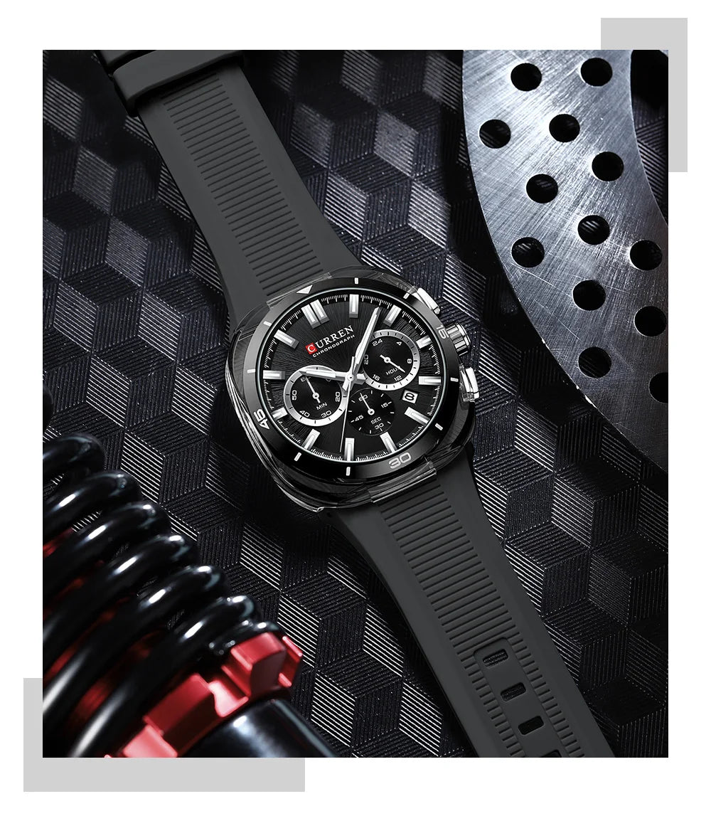 Relógio de homem CURREN – Novo modelo de luxo com movimento de quartzo, bracelete em silicone, estilo desportivo, multifunções, à prova de água, luminoso, com indicação da data e cronómetro.