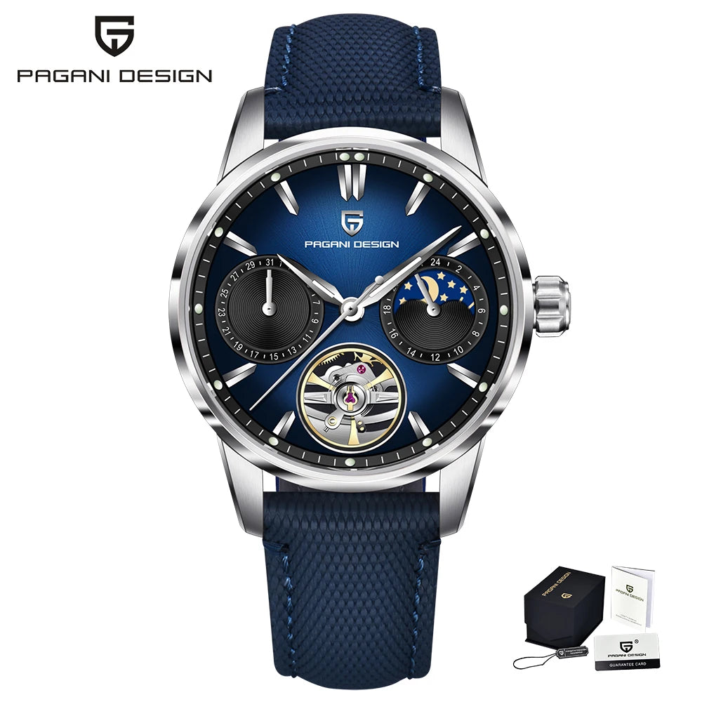 PAGANI DESIGN – Montre mécanique de luxe pour homme, 41 mm, verre saphir, bracelet en cuir, étanche, style pilote, avec tourbillon et phase de lune