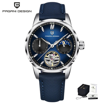 PAGANI DESIGN – Montre mécanique de luxe pour homme, 41 mm, verre saphir, bracelet en cuir, étanche, style pilote, avec tourbillon et phase de lune