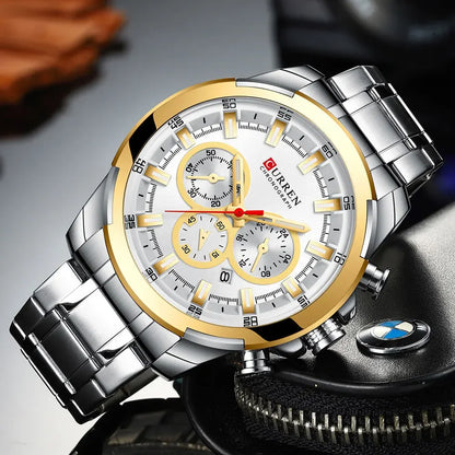 Relógio cronógrafo para homem CURREN, mostrador grande de 48 mm, bracelete em aço inoxidável, três submostradores, relógio de pulso desportivo de quartzo, estilo luxuoso