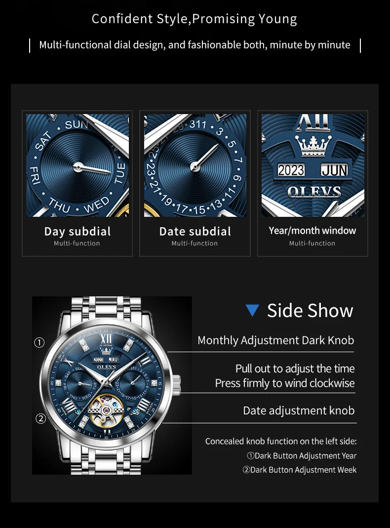 OLEVS Men's Watches Skeketon Flywheel Automatic Mechanical Original Wristwatch for Man Waterproof Luminous Perpetual Calendar