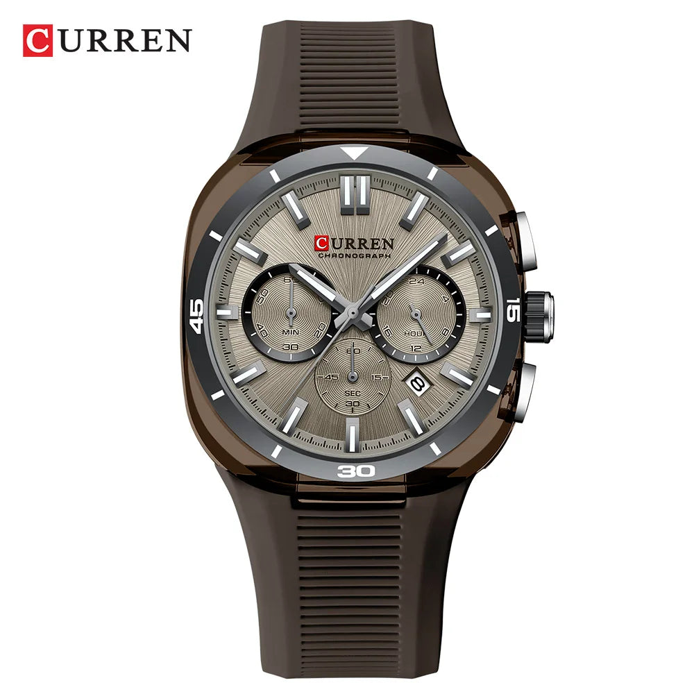 Relógio de homem CURREN – Novo modelo de luxo com movimento de quartzo, bracelete em silicone, estilo desportivo, multifunções, à prova de água, luminoso, com indicação da data e cronómetro.