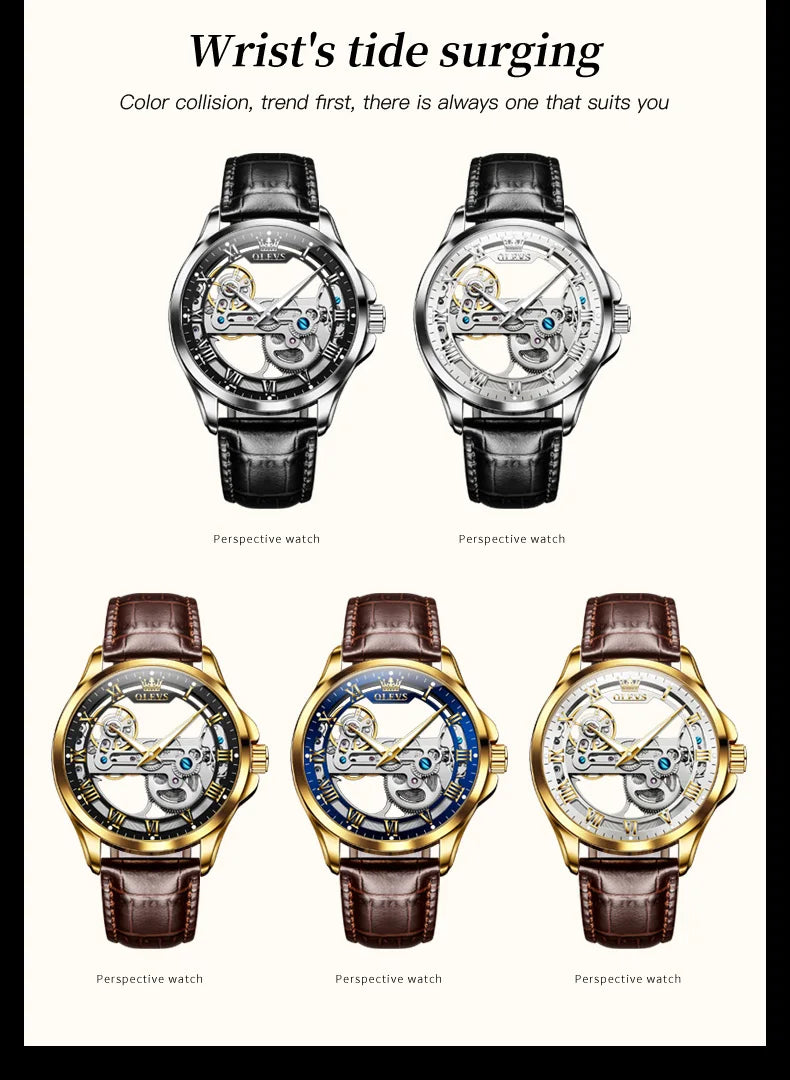 OLEVS Skeleton Automatic Mechanical Watch Men Leather Strap Luminous Waterproof Luxury Business Wristwatch For Man 6661