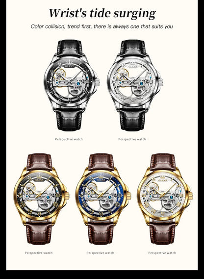 OLEVS Skeleton Automatic Mechanical Watch Men Leather Strap Luminous Waterproof Luxury Business Wristwatch For Man 6661
