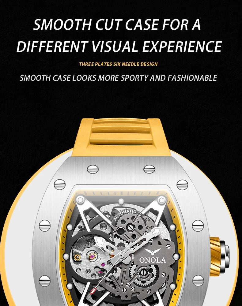 ONOLA Luxury Automatic Watch Men Fashion Hollow Silicone Waterproof Mechanical Watch Men Military Sports Watch Clock