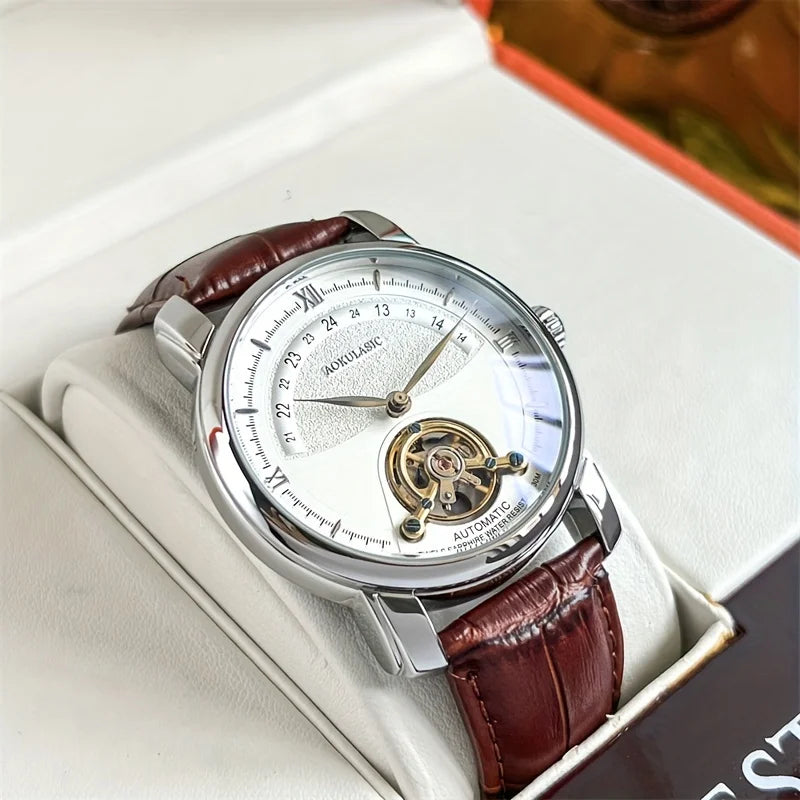 Men’s automatic mechanical watch – Elegant skeletonised design, trendy ‘business casual’ style, alloy case and leather strap, battery-free