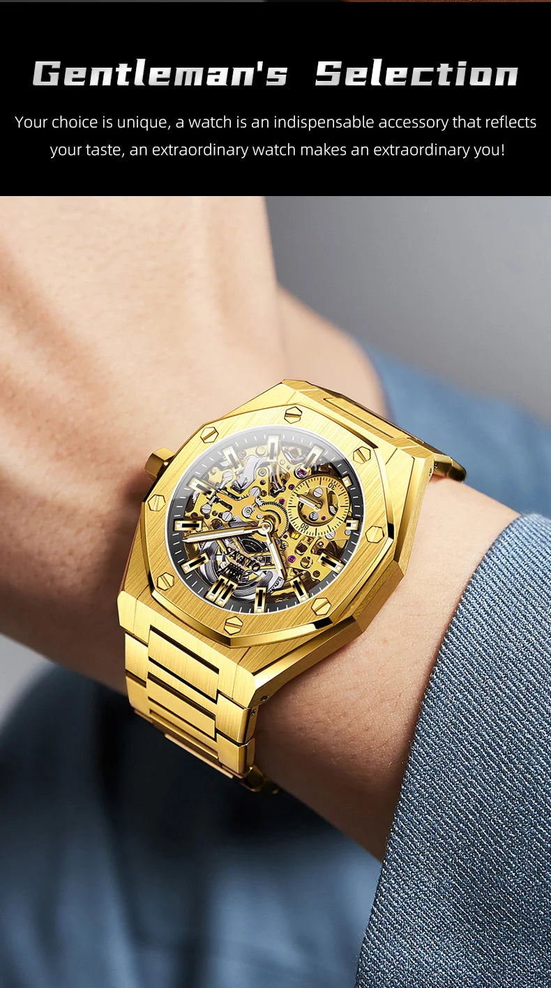 OLEVS Watches Luxury Man High Quality Original Fully Skeleton Automatic Mechanical Watch Stainless Steel Men Watches Gifts Box