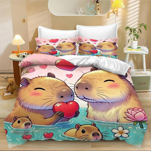 4 Cartoon Capybara Duvet Cover Pillowcase Capybara Bedding Set Adult Boy Girl Bedroom Decoration Children Single Double Size