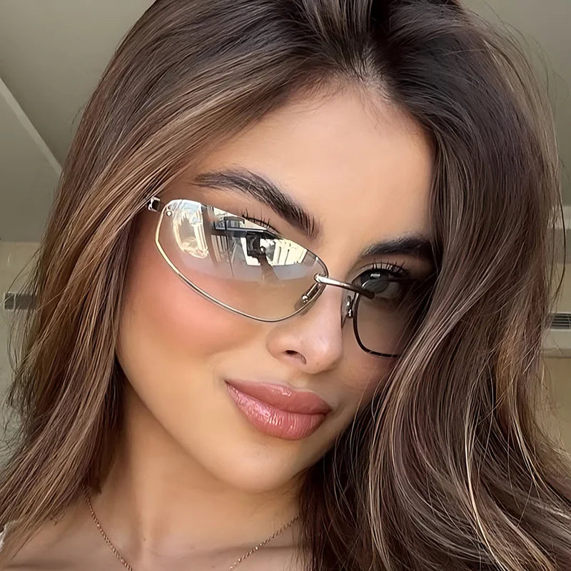 Gradient Oval Frameless Women's Sunglasses High Quality Luxury Brand Y2k Rimless Glasses Women High-end Punk Popular Shades UV