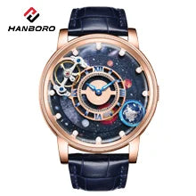 Montre mécanique pour homme HANBORO – Mouvement automatique, alarme, sonnerie horaire, étanche jusqu'à 100 m, verre saphir, boîtier en acier, style élégant et unique.