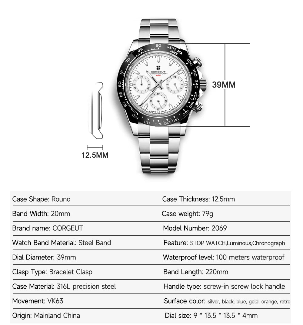 Custom Logo Panda Dial Daytona Homage Watch 40mm Stainless Steel Sapphire Ceramic Bezel Quartz Movement  Luxury Men RELOJ