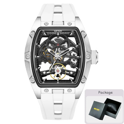 MEGIR mechanisch herenhorloge, tonvormig, opengewerkte skeletwijzerplaat, sportieve stijl, siliconen band, luxe automatisch horloge