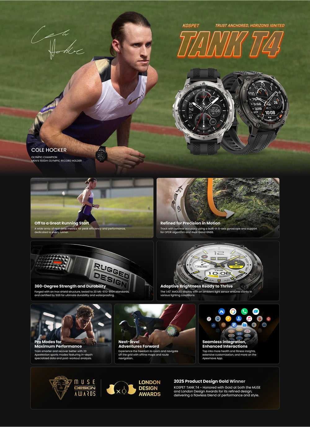 KOSPET Tank T4 Men's Rugged Smart Watch Military Grade Full Stainless Steel GPS 100M Waterproof 45M Freediving Health Monitor