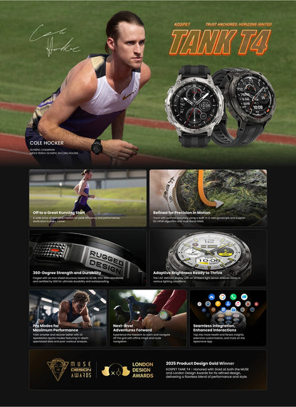 KOSPET Tank T4 Men's Rugged Smart Watch Military Grade Full Stainless Steel GPS 100M Waterproof 45M Freediving Health Monitor