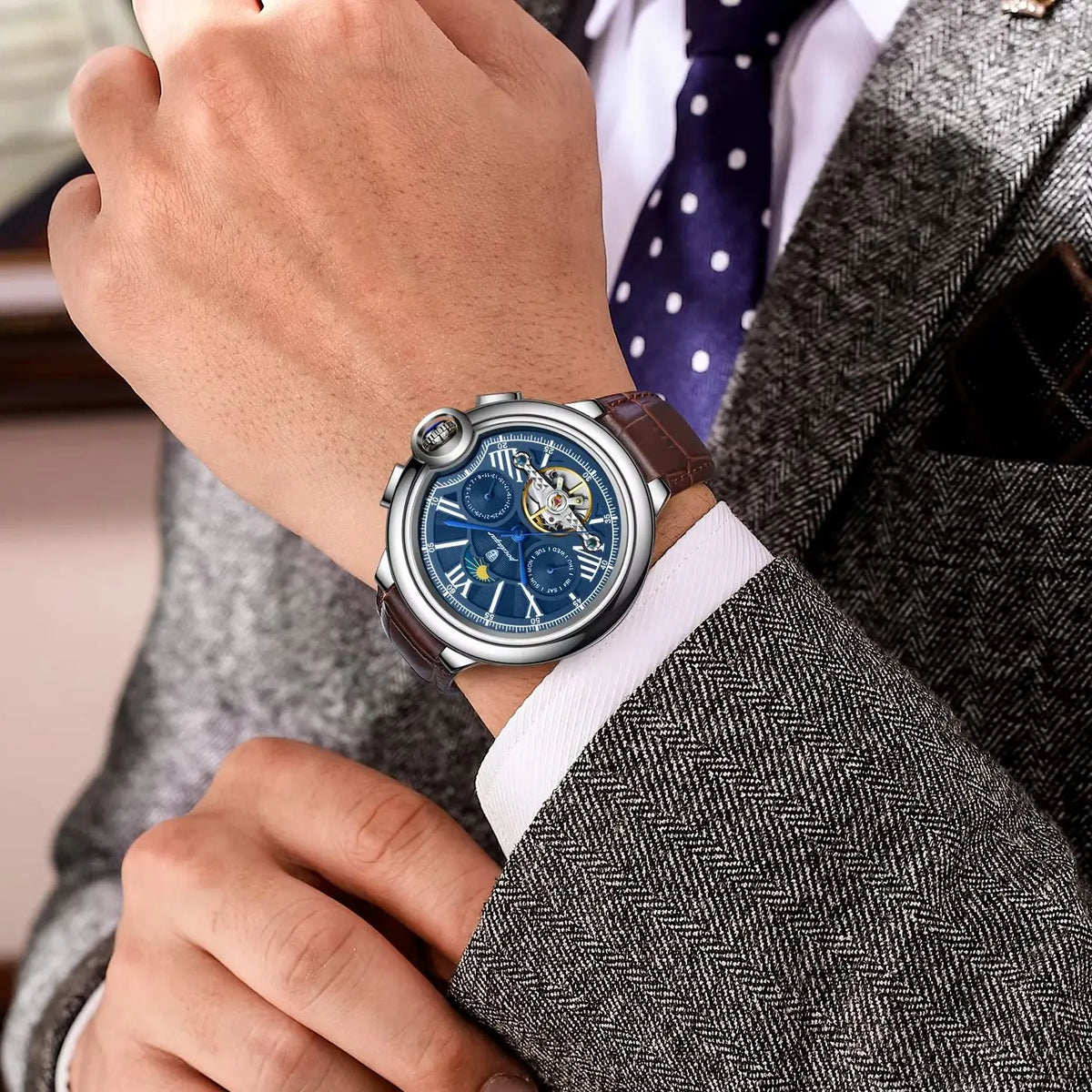 Relógio de luxo para homem POEDAGAR – Modelo mecânico automático com indicação da data e do dia, bracelete em pele, turbilhão, resistente à água, estilo elegante e profissional.