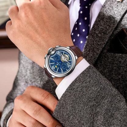 Relógio de luxo para homem POEDAGAR – Modelo mecânico automático com indicação da data e do dia, bracelete em pele, turbilhão, resistente à água, estilo elegante e profissional.