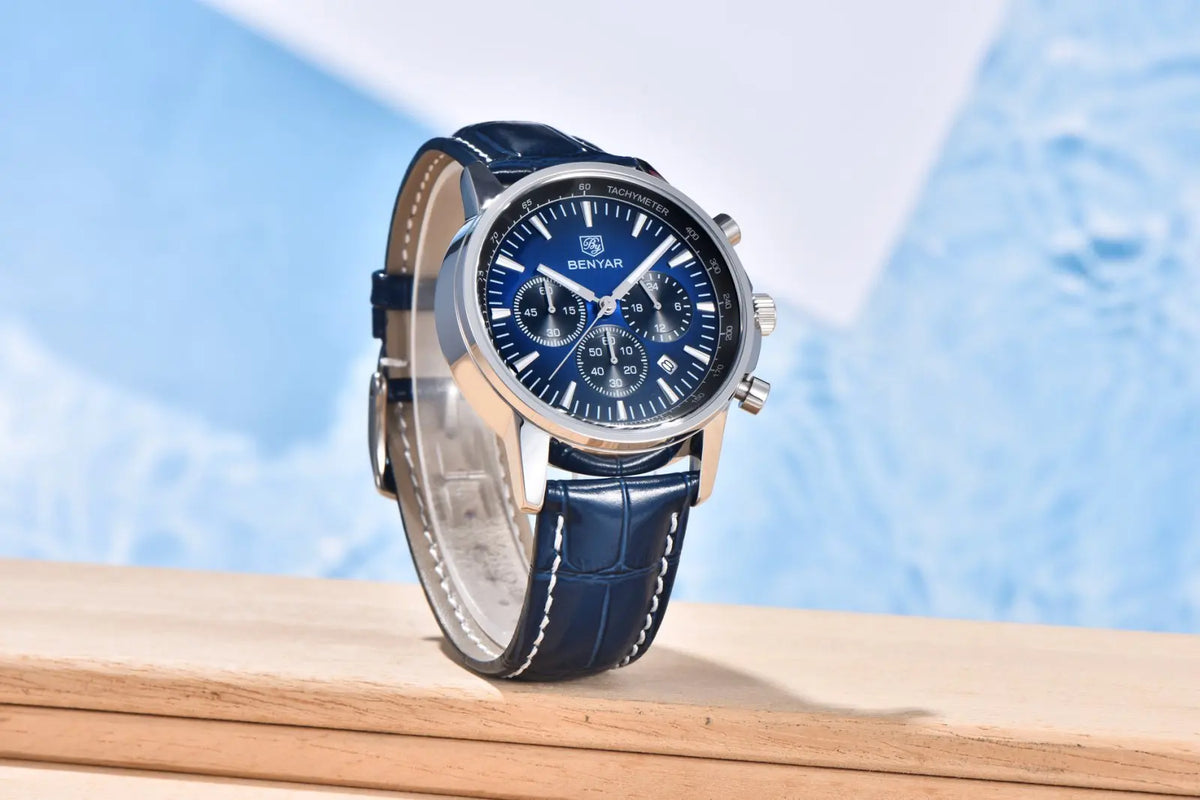 Relógio de luxo para homem Benyar – Cronógrafo com data, bracelete em pele, estanque, luminescente, estilo desportivo e militar, relógio de quartzo