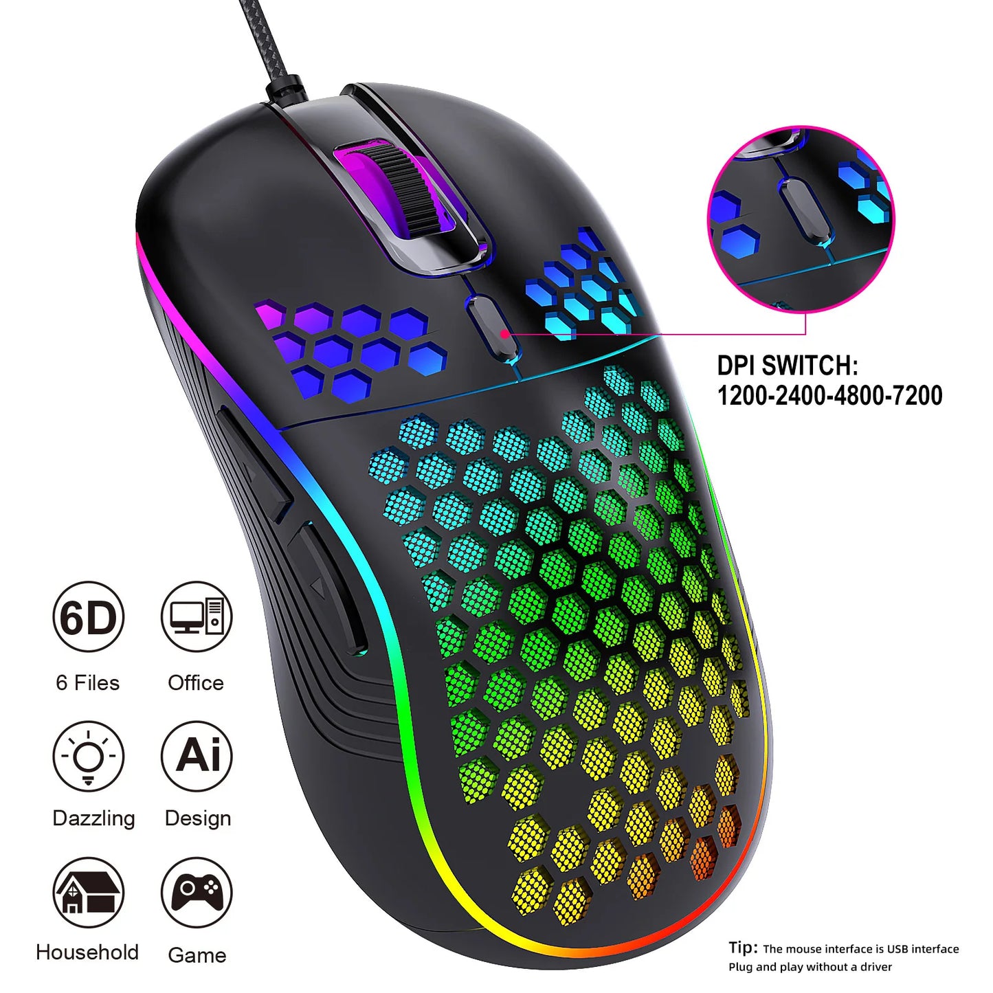 USB Wired Gaming office Mouse Mechanical Mouse USB Illuminated Mouse 7200DPI Adjustable Optical Gaming Mouse for Desktop Laptop