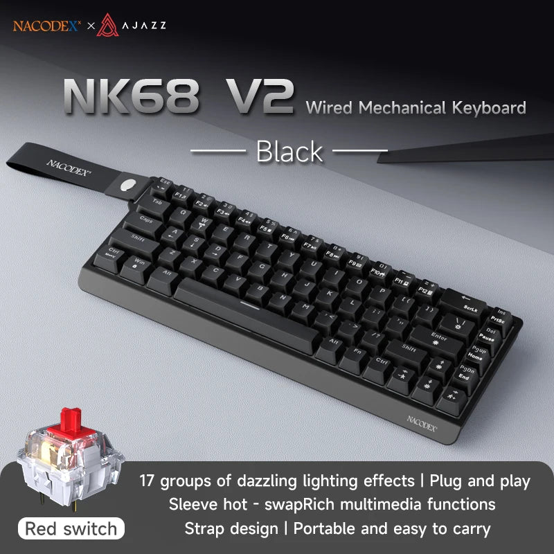AJAZZ NK68 V2 Wired Mechanical Keyboard Plug and Play 65% Layout Design Sleeve Hot 68-Key Keyboard Colorful Backlight for PC