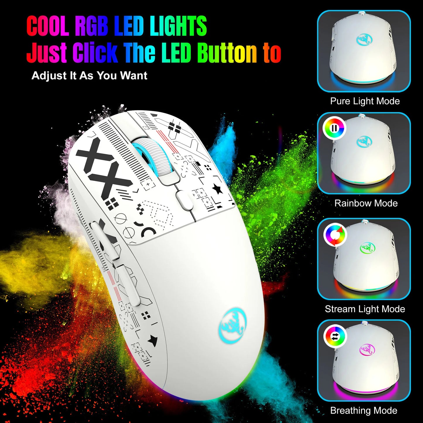 3 tilstande Bluetooth-gamingmus, genopladelig 2.4G USB trådløs mus med RGB-baggrundsbelysning til iPad, tablet, laptop og computer