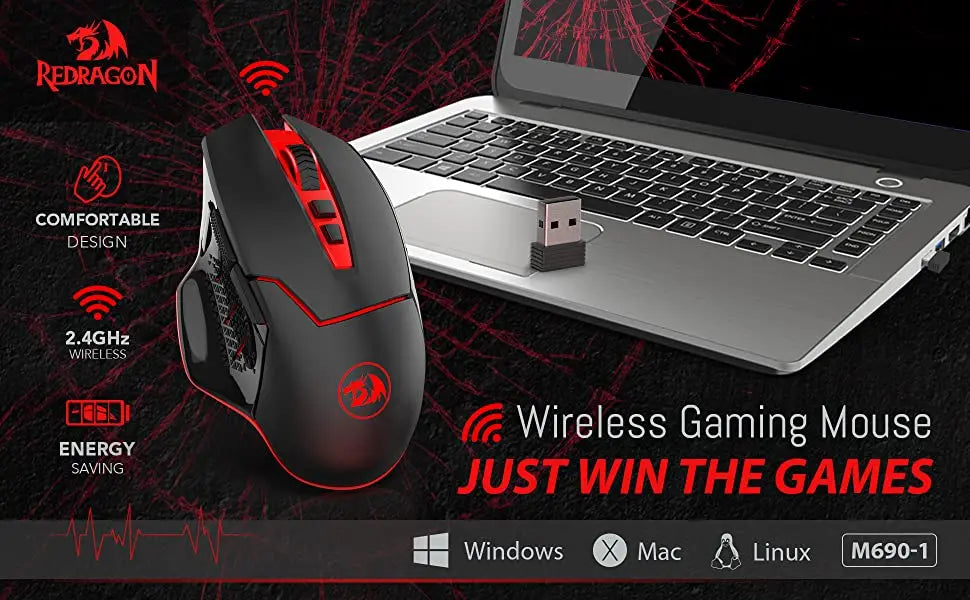 Mouse gaming wireless Redragon M690-1 2.4Ghz cu schimbare DPI, 2 butoane laterale, 2400 DPI, design ergonomic, 8 butoane - mouse negru
