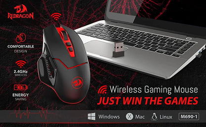 Mouse gaming wireless Redragon M690-1 2.4Ghz cu schimbare DPI, 2 butoane laterale, 2400 DPI, design ergonomic, 8 butoane - mouse negru