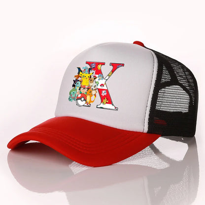 Pokemon Letter A-Z Unisex Baseball Cap Cartoon Anime Pikachu Sun Protection Mesh Sunhat Men Women Summer Outdoor Travel Peak Cap