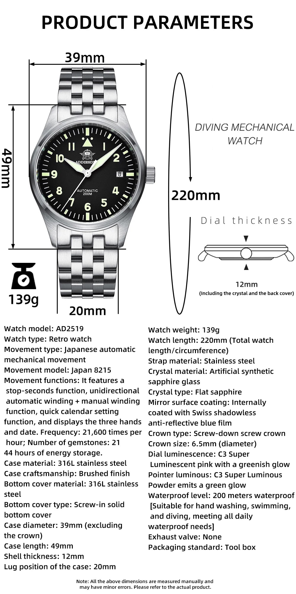 ADDIESDIVE Fashion Retro Personalized Watches 200m Waterproof C3 Luminous Steel Watch Sapphire Glass Mechanical Analog Watches