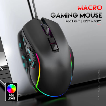 Kancelářská herní myš s kabelem 7200DPI, RGB podsvícení, 6 nastavitelných úrovní DPI, 10 programovatelných tlačítek, tlačítko návratu na plochu
