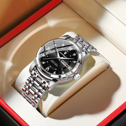 Trendy, luxury POEDAGAR men’s wristwatch, water-resistant, made of stainless steel, with luminous hands, date display and quartz movement.