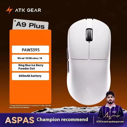 Bezdrátová herní myš ATK A9 s technologií NearLink, ergonomická, PAW3395, třírežimové Bluetooth, nízká latence, e-sportovní myš pro PC