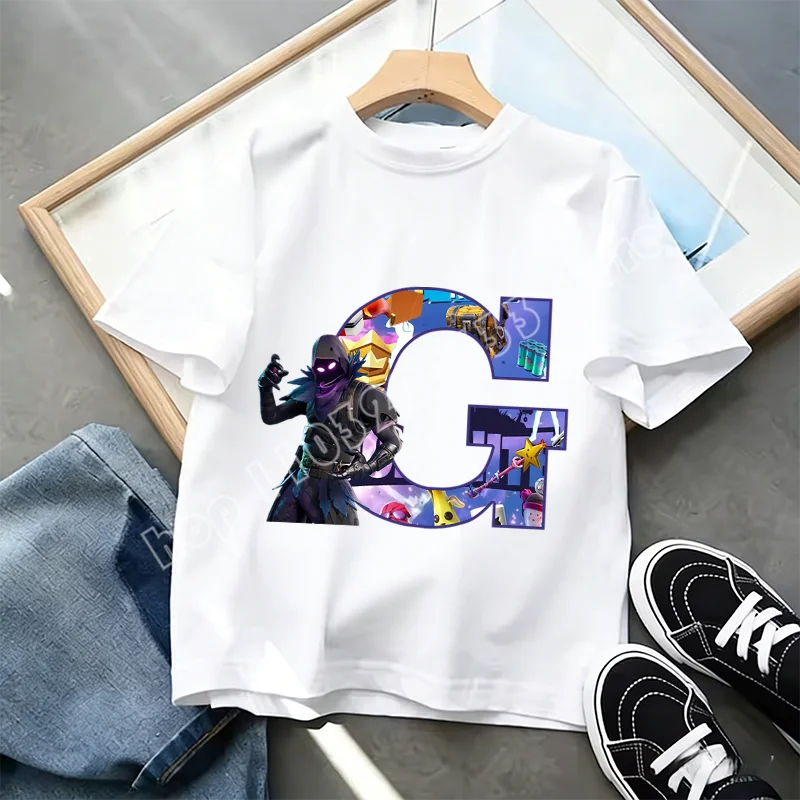 Tricou Fortnite cu imprimeu alfabet A-Z, de vară, pentru copii, alb, îmbrăcăminte cu joc cartoon popular, tricou fashion casual cu mânecă scurtă, cadou