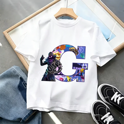 Tricou Fortnite cu imprimeu alfabet A-Z, de vară, pentru copii, alb, îmbrăcăminte cu joc cartoon popular, tricou fashion casual cu mânecă scurtă, cadou