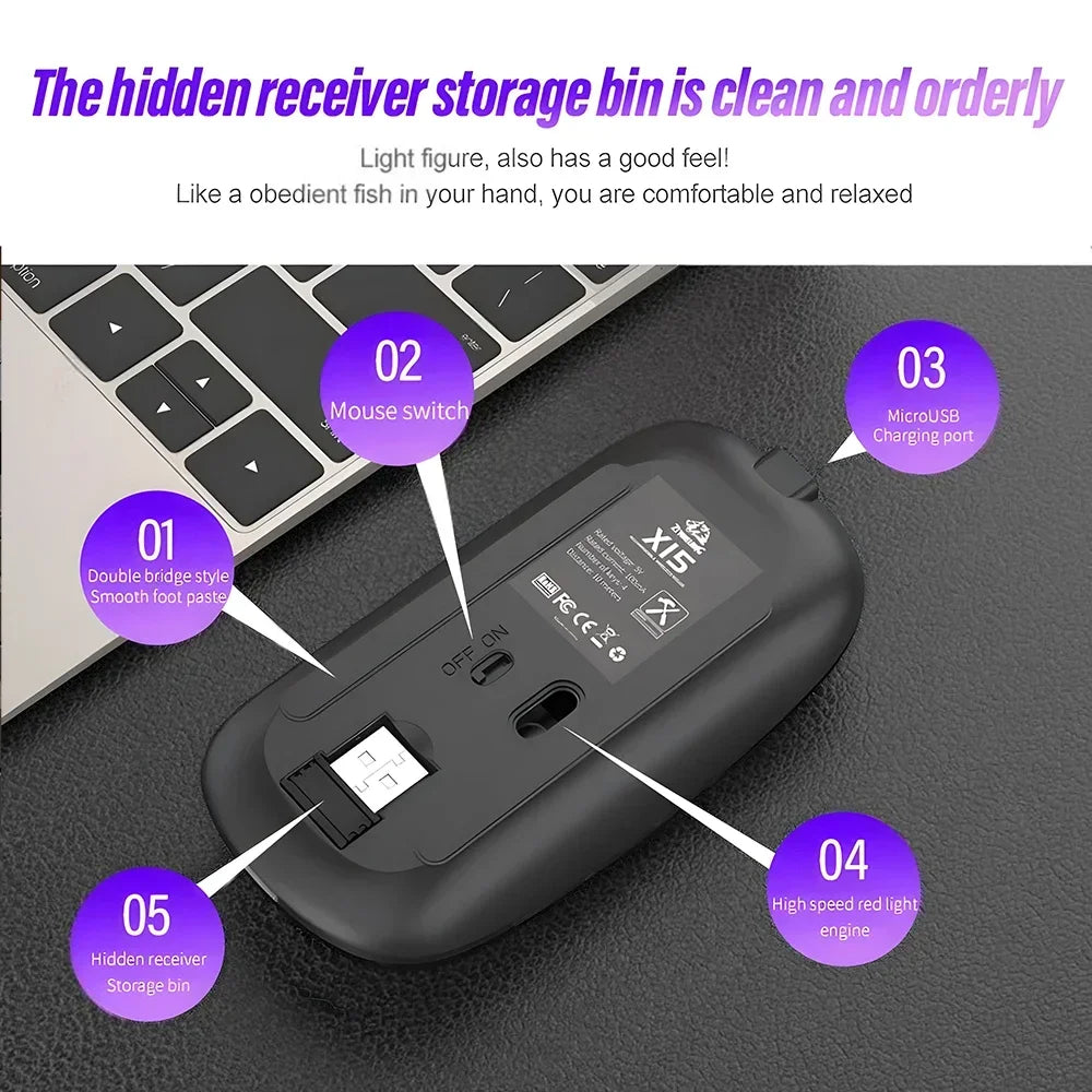 Trådløs genopladelig mus med dobbelt tilstand, Bluetooth-kompatibel 2.4G USB-computermus til laptop, iPad, tablet og notebook – gamingmus