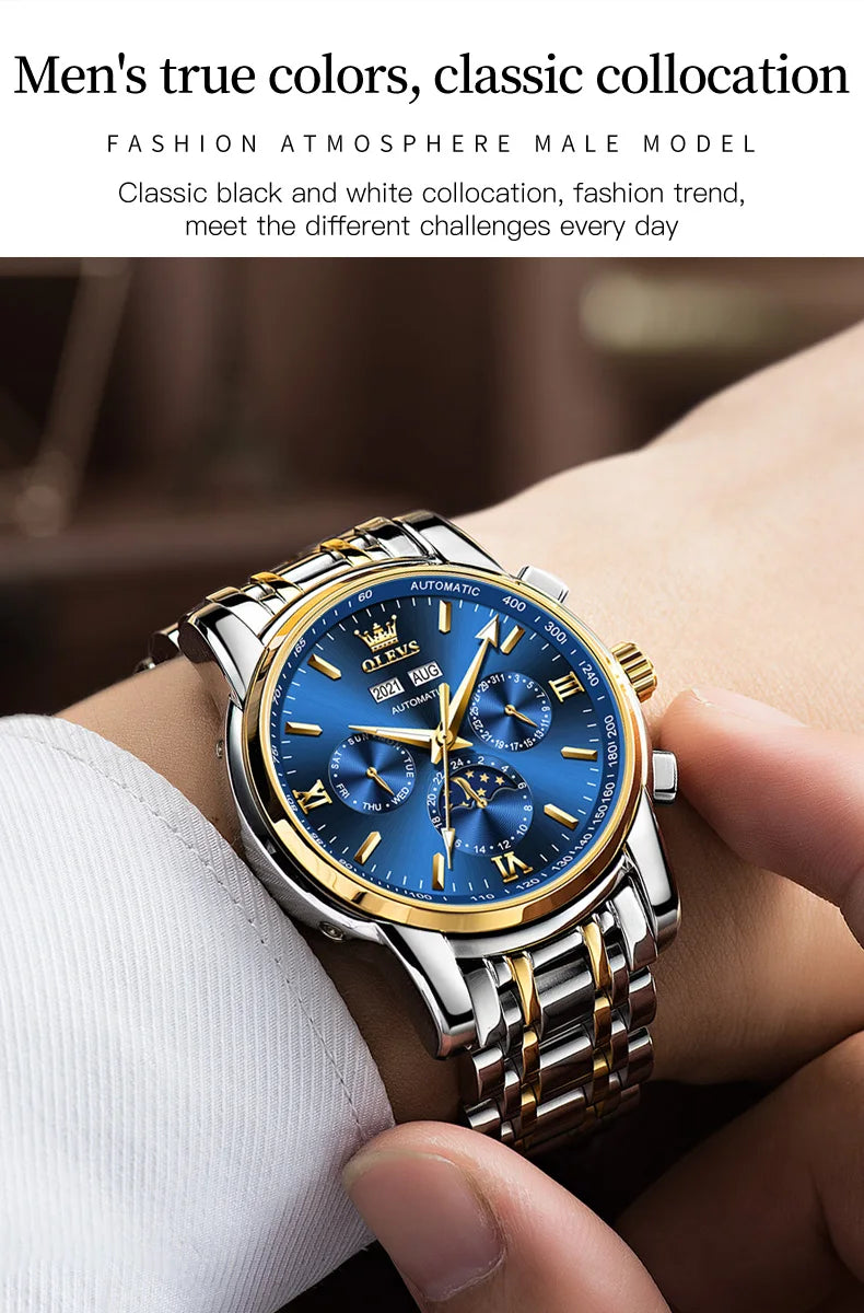 OLEVS 6633 Luxury Men's Watches Automatic Green Watch Men Stainless Steel Waterproof Business Sport Mechanical Wristwatch 6633