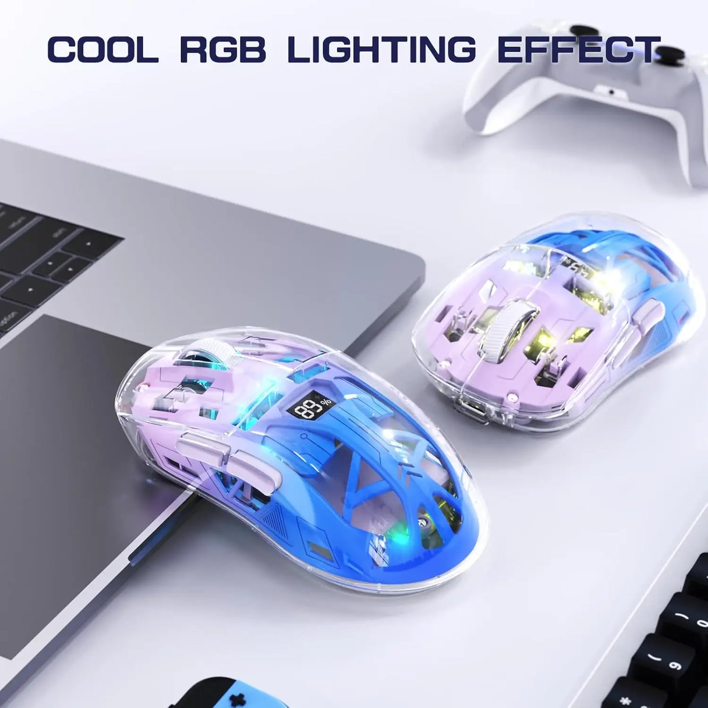 A2 transparent trådløs gamingmus, BT 5.0/2.4G genopladelig RGB-mus til PC med digital skærm, PixArt 3212, 5 justerbare DPI