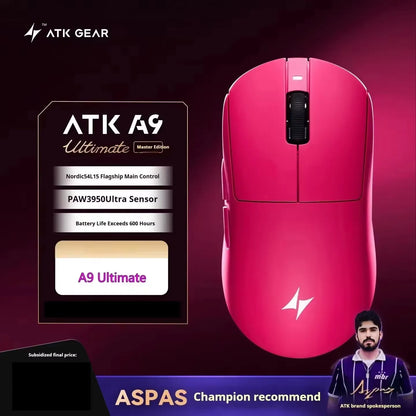 Bezdrátová herní myš ATK A9 s technologií NearLink, ergonomická, PAW3395, třírežimové Bluetooth, nízká latence, e-sportovní myš pro PC