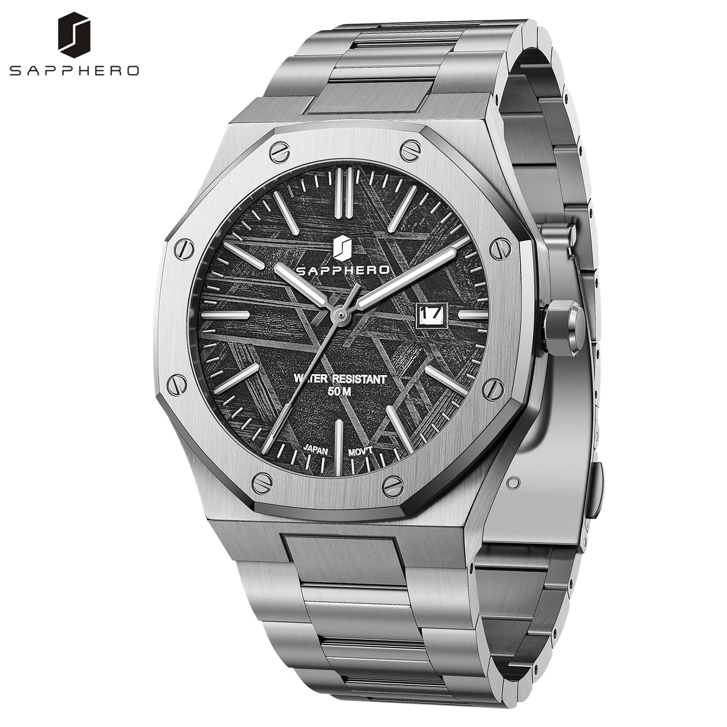 SAPPHERO Men’s Analog Watch Stainless Steel Japan Quartz Movement Date Display 50m Waterproof Classic Business Casual Wristwatch