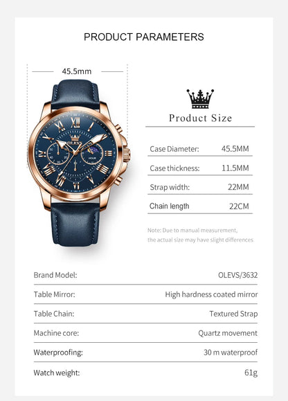 OLEVS 3632 Men Watch Elegant Luxury Sport Quartz Watch Scale Waterproof Luminous Automatic Date Moon Belt Watch Gifts Original
