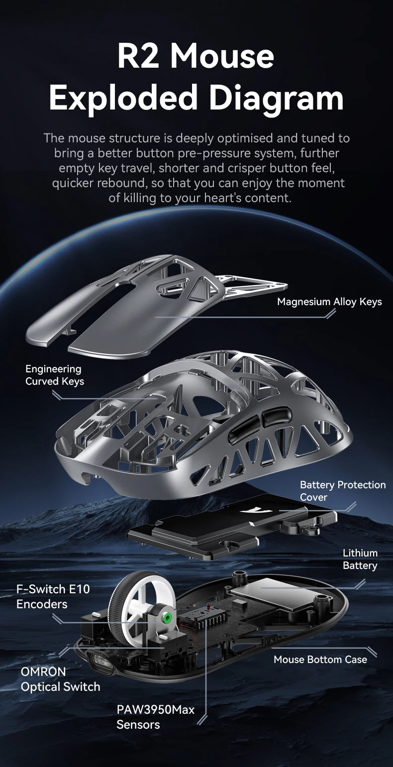 Attack Shark R2 vezeték nélküli gamer egér PAW3950 8K, könnyű magnéziumötvözet gamer egér, Bluetooth tri-mode kapcsolattal játékhoz/irodai használatra