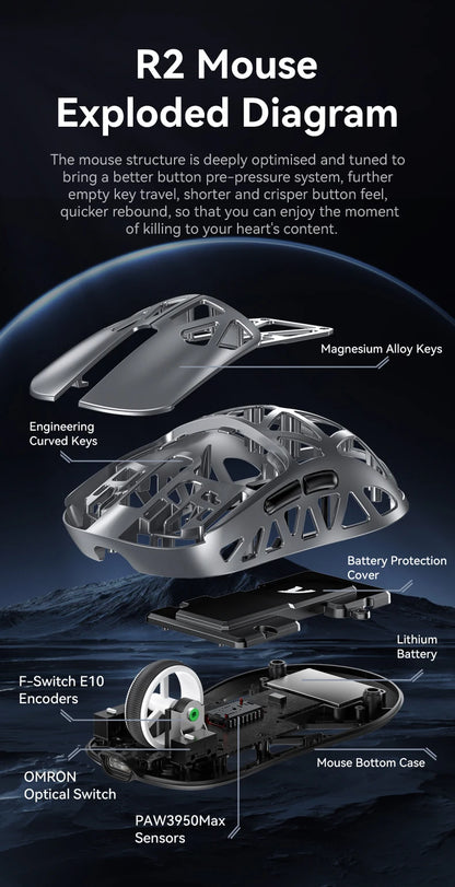 Attack Shark R2 vezeték nélküli gamer egér PAW3950 8K, könnyű magnéziumötvözet gamer egér, Bluetooth tri-mode kapcsolattal játékhoz/irodai használatra