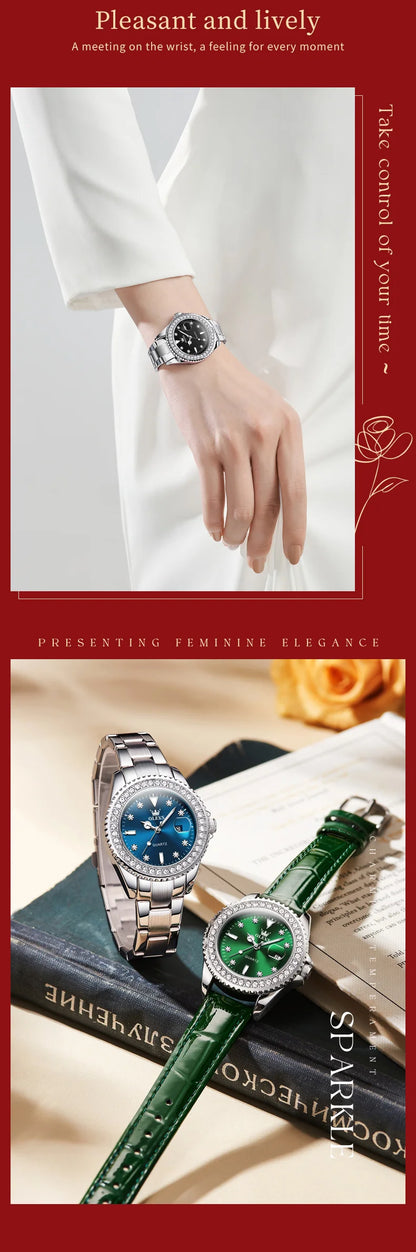 OLEVS 9945 Original Diamond Quartz Watch for Women Luxury Elegant Ladies Watches Stainless Steel Waterproof Women's Wristwatches