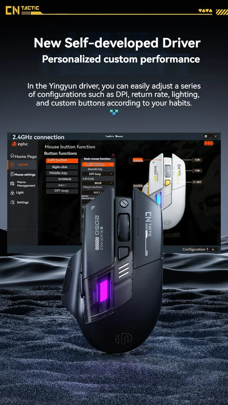 Inphic A9 Pro gamingmus med tre tilstande, farverig lysguide, strømindikator, justerbar DPI, makrodriver, ergonomisk, 12800DPI