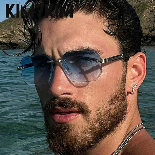 Rimless Rectangle Sunglasses Men 2026 Luxury Design Vintage Geometric Square Sun Glasses Male Retro Punk Eyewear Driving Shades