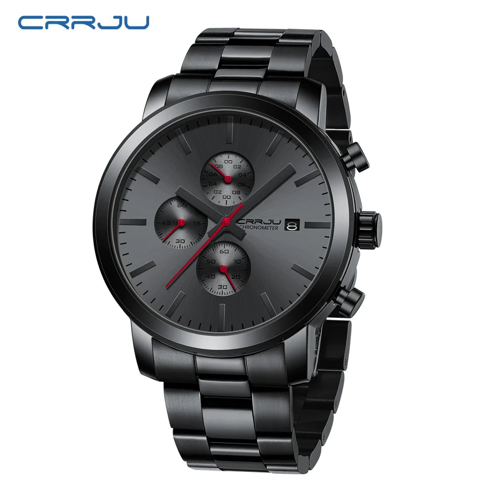 Relógio para homem CRRJU – Cronógrafo em aço inoxidável, estanque, com indicador de data, movimento analógico de quartzo, estilo elegante e profissional