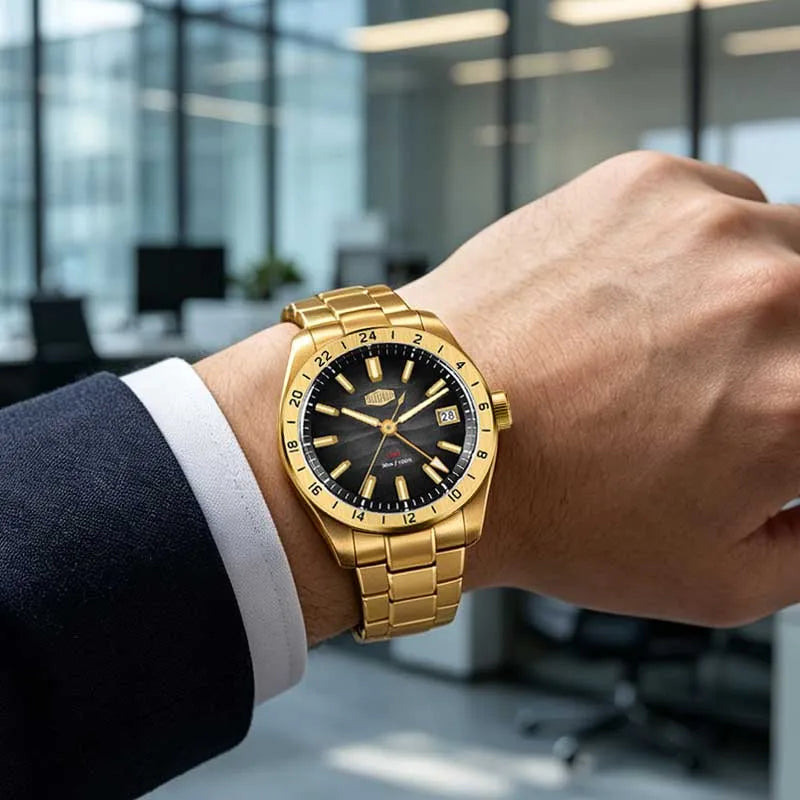 HEROFORCE Business Quartz Watch Men Clock GMT Date Luxury Man Wristwatch Waterproof Luminous Stainless Steel Men's Watches Reloj