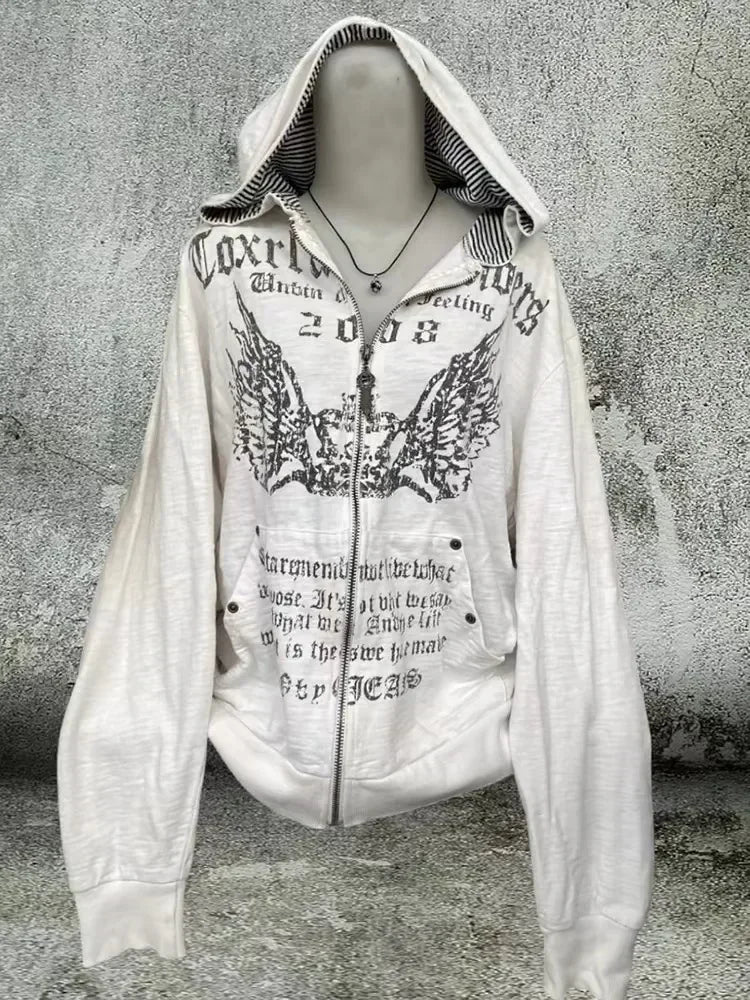 2026 New American Fashion Trend Goth Printed Zipper Hoodie Women Street Hip Hop Punk Rock Sweatshirt Unisex Casual Loose Hoodie